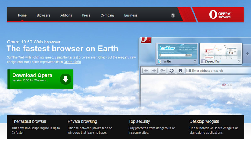 Opera 10.50 Web browser The fastest browser on Earth: Surf the Web with lightning speed, using the fastest browser ever. Check out the elegant, new design and many other improvements in Opera 10.50.