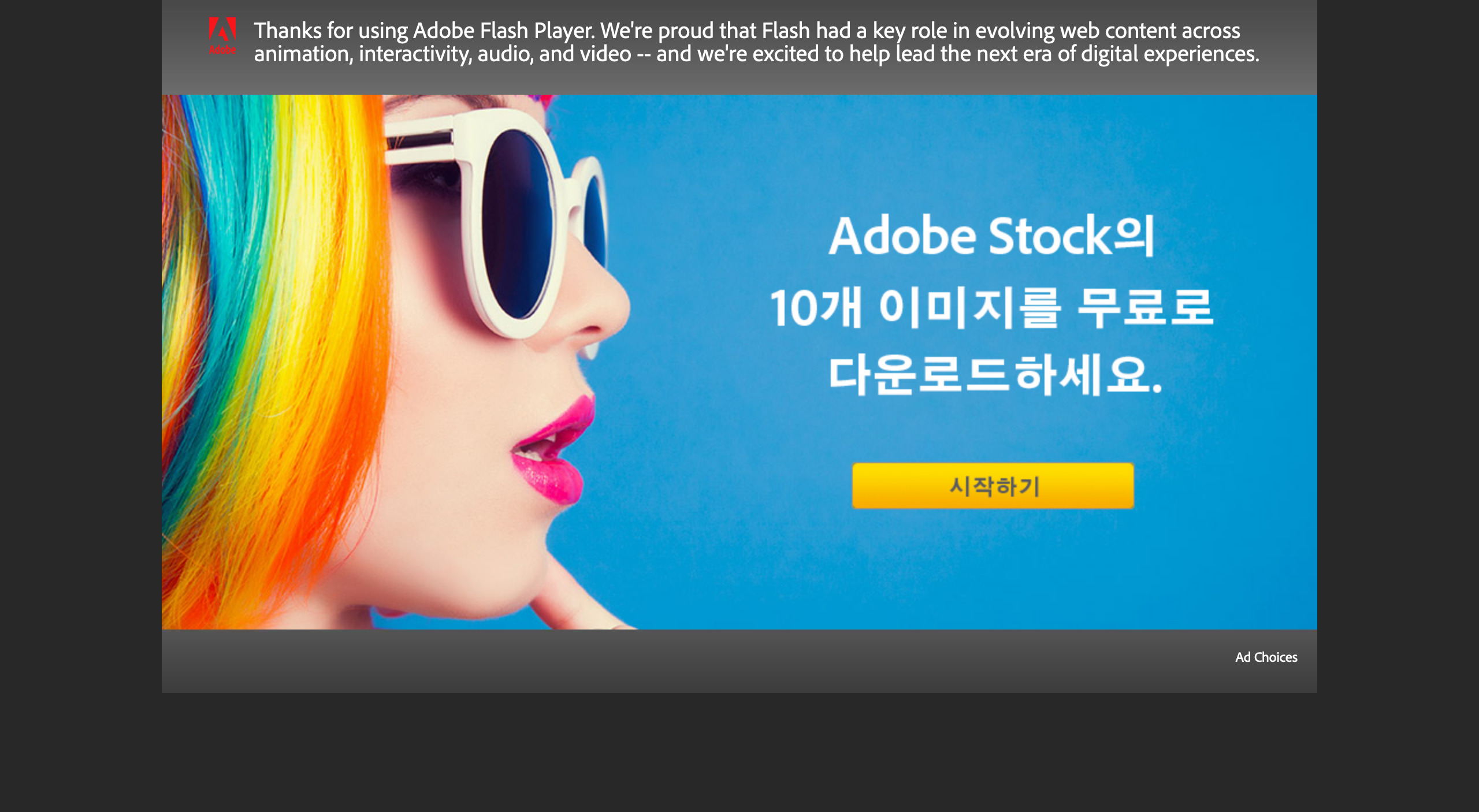 Adobe 광고 - Thanks for using Adobe Flash Player. We're proud that Flash had a key role in evolving web content across animation, interactivity, audio, and video -- and we're excited to help lead the next era of digital experiences.