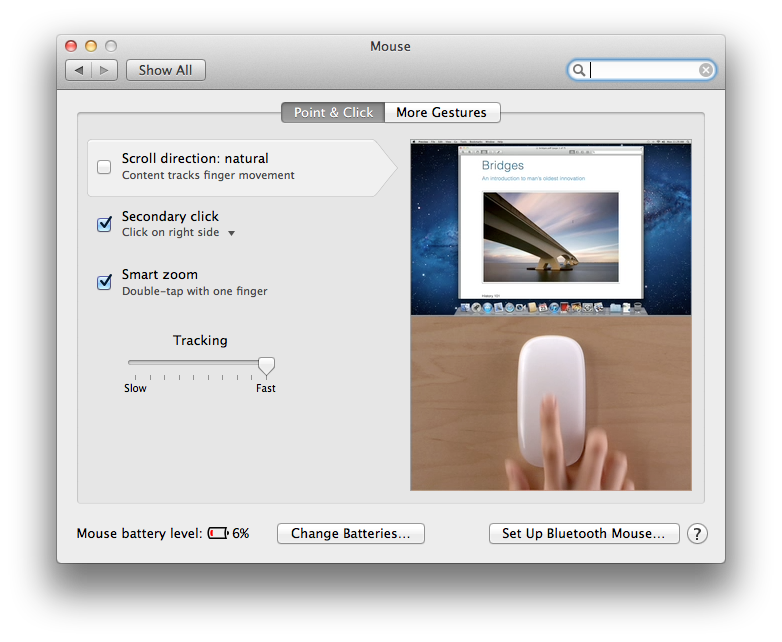 맥 OS X 라이언의 마우스 설정 화면, 맨 첫 항목으로 자연스러운 스크롤 방향 옵션과 설명 동영상이 나오고 있다.