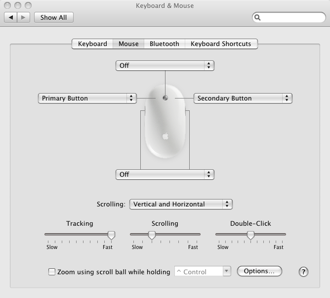 맥오에스 시스템 프리퍼런스 키보드와 마우스: 마우스의 좌측, 우측 가운데, 사이드 버튼 등을 클릭했을 때 어떤 작업을 할 지, 설정할 수 있다.