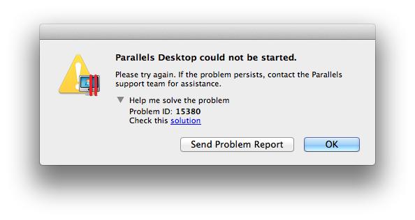 Parallels Desktop could not be started. 경고창