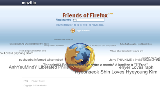 World Firefox Day 첫화면. 사람들이 이름이 Firefox 로고 주위를 돌고 있다.